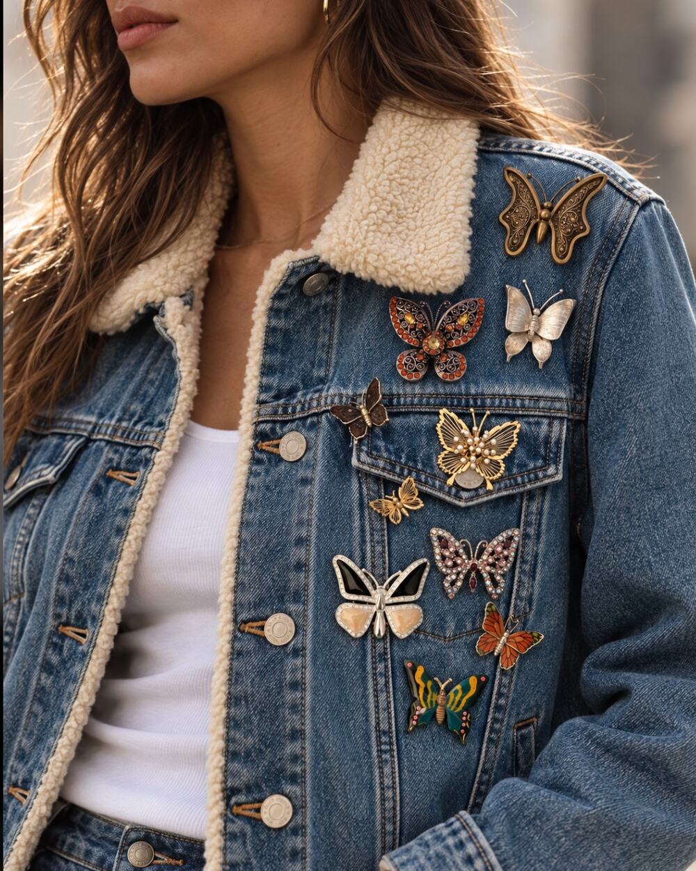 GAP One of a Kind Sherpa Denim Jacket Large Custom Butterfly Brooch Lot Monet - Picture 1 of 8